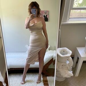 PRETTY LITTLE THING SLIP DRESS COWL NECK ADJUSTABLE STRAPS SIDE SLIT ZIPPER